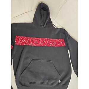 Vintage Y2K Discus Athletic USA Made Black Hoodie Red Bandana Stripe Large